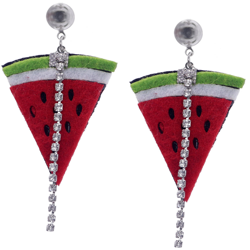 Green Red Seeded Watermelon Slice Rhinestone Earrings