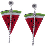 Green Red Seeded Watermelon Slice Rhinestone Earrings