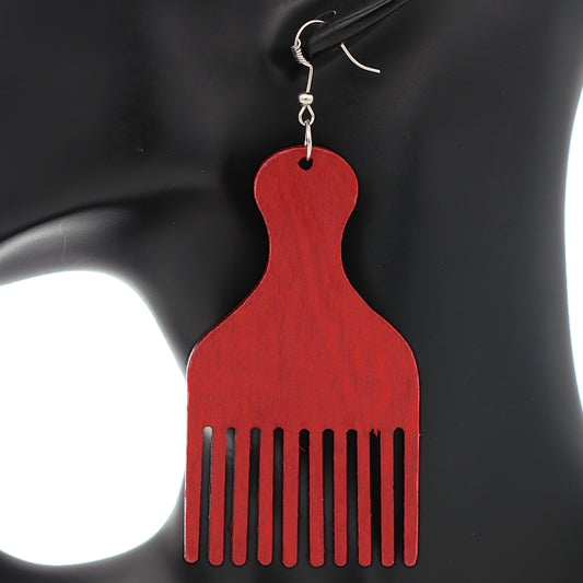 Red Afro Pick Comb Afrocentric Wooden Earrings