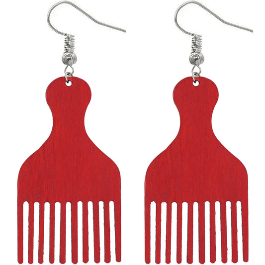 Red Afro Pick Comb Afrocentric Wooden Earrings