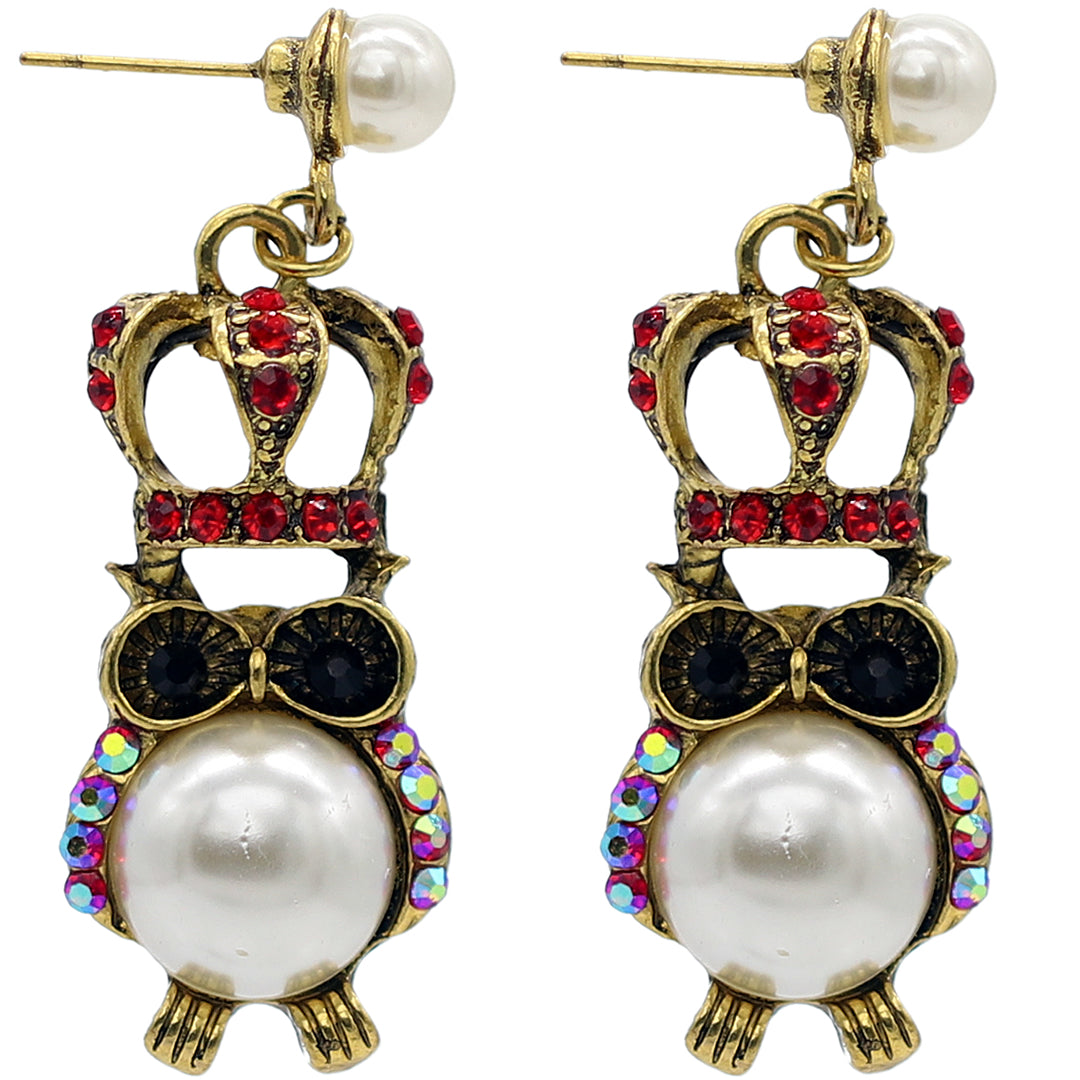 Red Iridescent Faux Pearl Owl Dangle Earrings