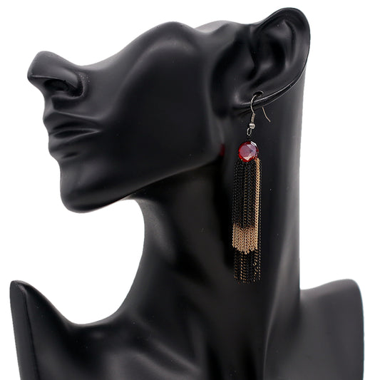 Red Gemstone Two Tone Chain Earrings