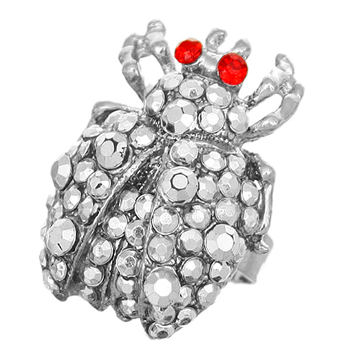 Red Silver Studded Rhinestone Ladybug Adjustable Ring