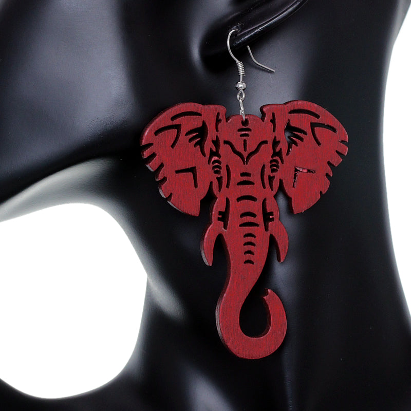 Red Large Elephant Trunk Wooden Earrings