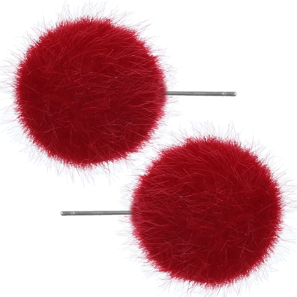 Red Large Fury Pom Pom Stud Earrings