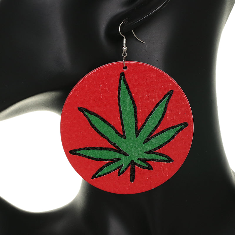 Red Large Marijuana Leaf Wooden Earrings