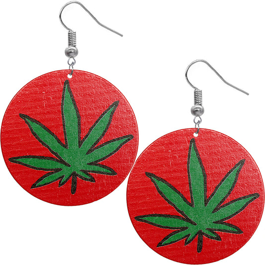 Red Large Marijuana Leaf Wooden Earrings