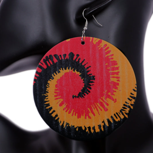 Black Red Wooden Spiral Pattern Earrings