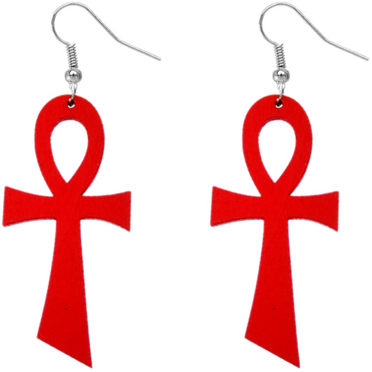 Red Wooden Ankh Earrings