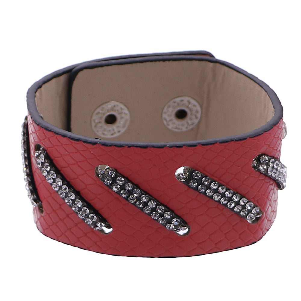 Red Faux Leather Rhinestone Snap Bracelet