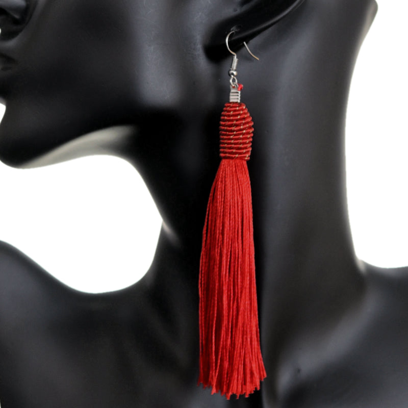 Red Long Wrap Tassel Earrings