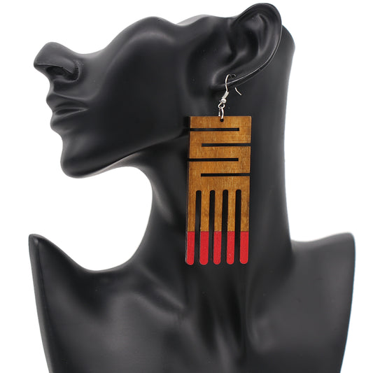 Red Maze Geometric Wooden Earrings