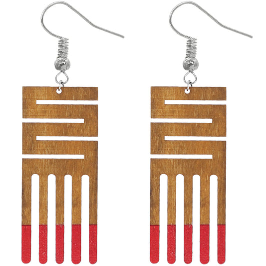 Red Maze Geometric Wooden Earrings