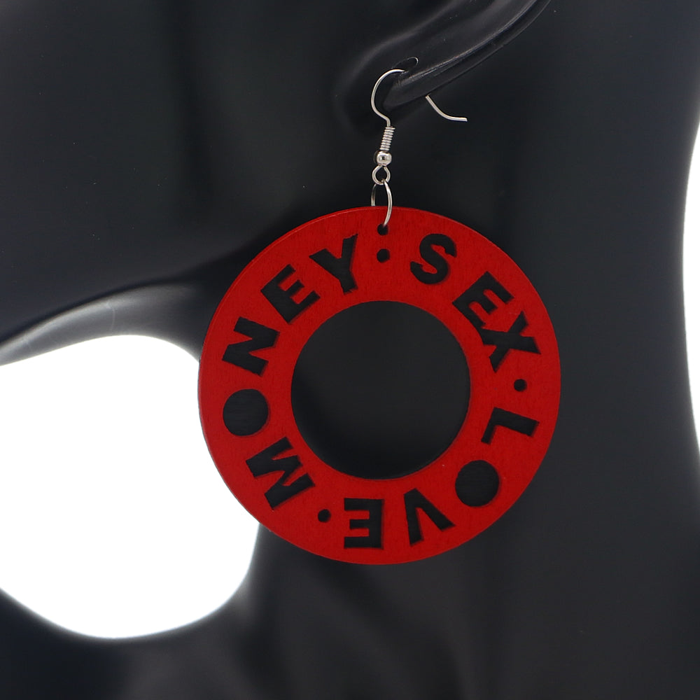Red Money Sex Love Wooden Earrings