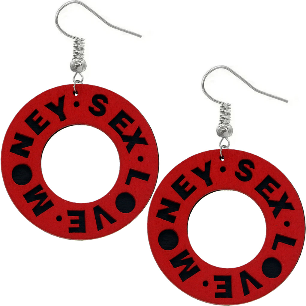 Red Money Sex Love Wooden Earrings