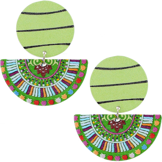 Green Geometric Half Circle Wooden Earrings