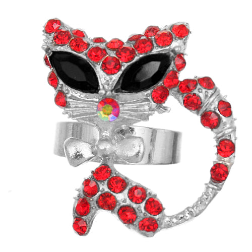 Red Rhinestone Fox Bow Tie Adjustable Ring