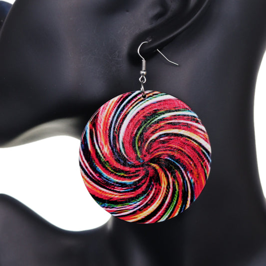 Red Colorful Swirl Pattern Wooden Earrings