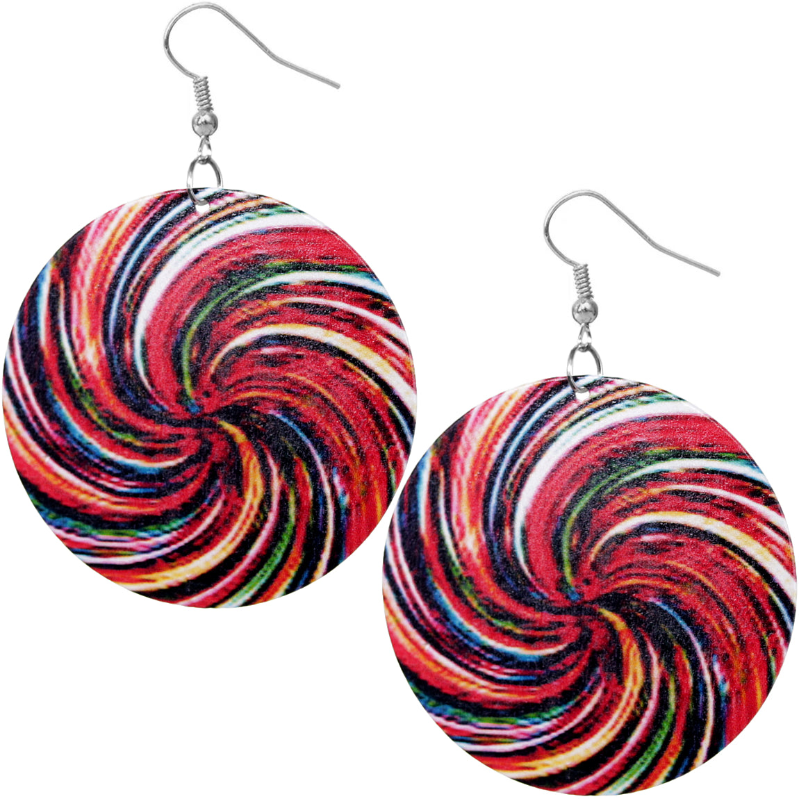 Red Colorful Swirl Pattern Wooden Earrings