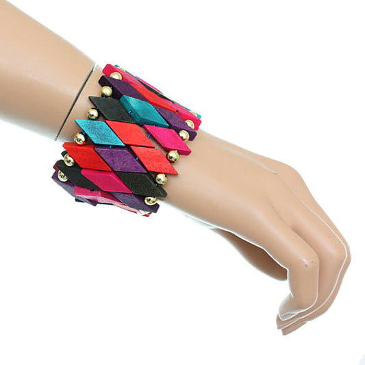 Red Multicolor Wooden Geometric Stretch Bracelet