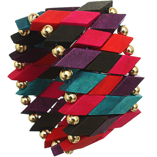 Red Multicolor Wooden Geometric Stretch Bracelet
