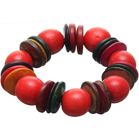 Red Multicolor Wooden Bead Stretch Bracelet