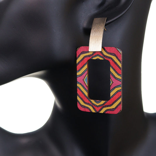 Red Yellow Tribal Pattern Rectangle Wooden Earrings
