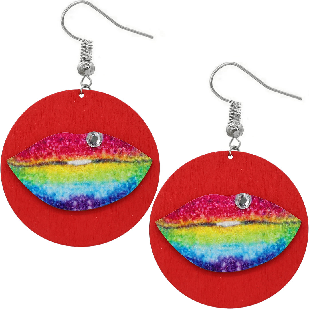 Red Multicolor Big Lip Wooden Earrings
