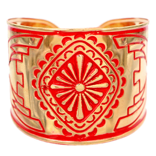 Red Double-Sided Art Deco Metal Cuff Bracelet