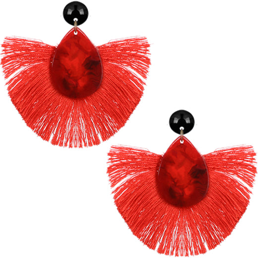 Red Oval Fan Tassel Earrings