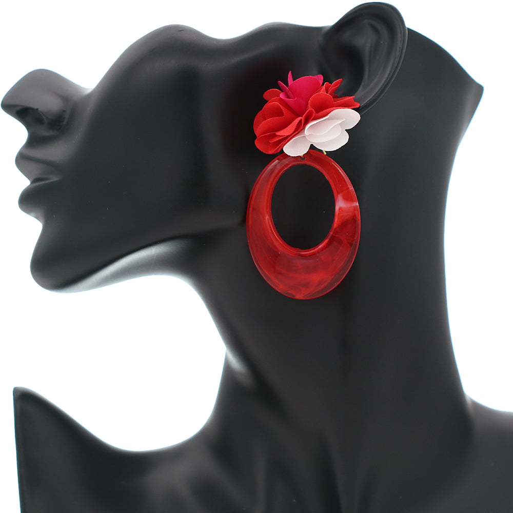Red Oval Floral Resin Earrings