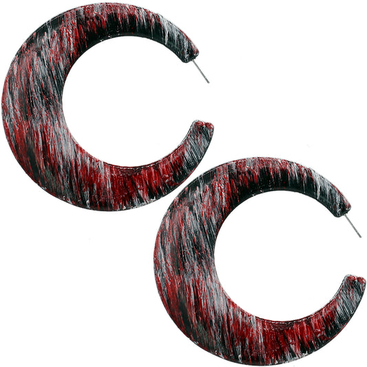 Red Abstract Painted Wooden Hoop Earrings