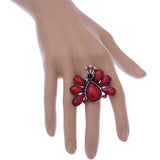 Red Large Beaded Peacock Adjustable Ring