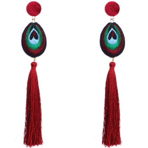 Red Long Peacock Tassel Earrings