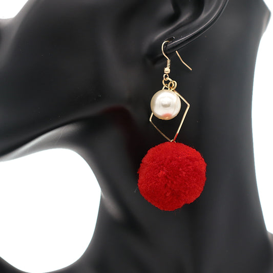 Red Pom Pom Rhombus Shaped Dangle Earrings