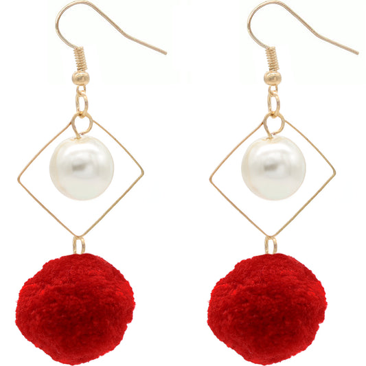 Red Pom Pom Rhombus Shaped Dangle Earrings