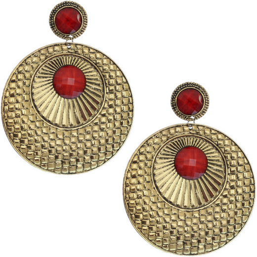 Red Large Beaded Thin Disc Earrings