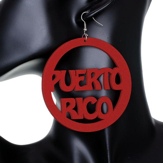 Red Puerto Rico Word Wooden Hoop Earrings