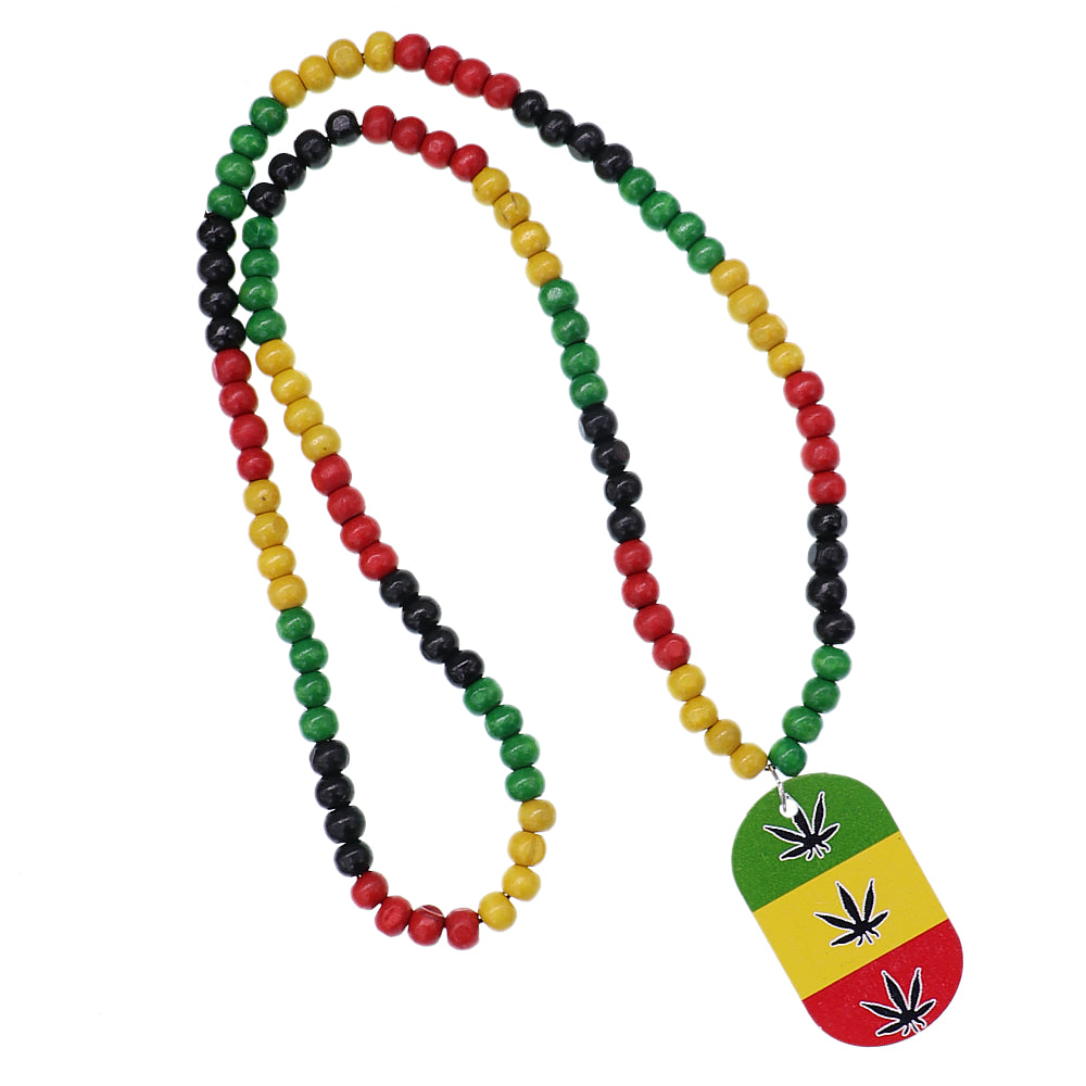 Rasta Marijuana Dog Tag Wooden Bead Necklace