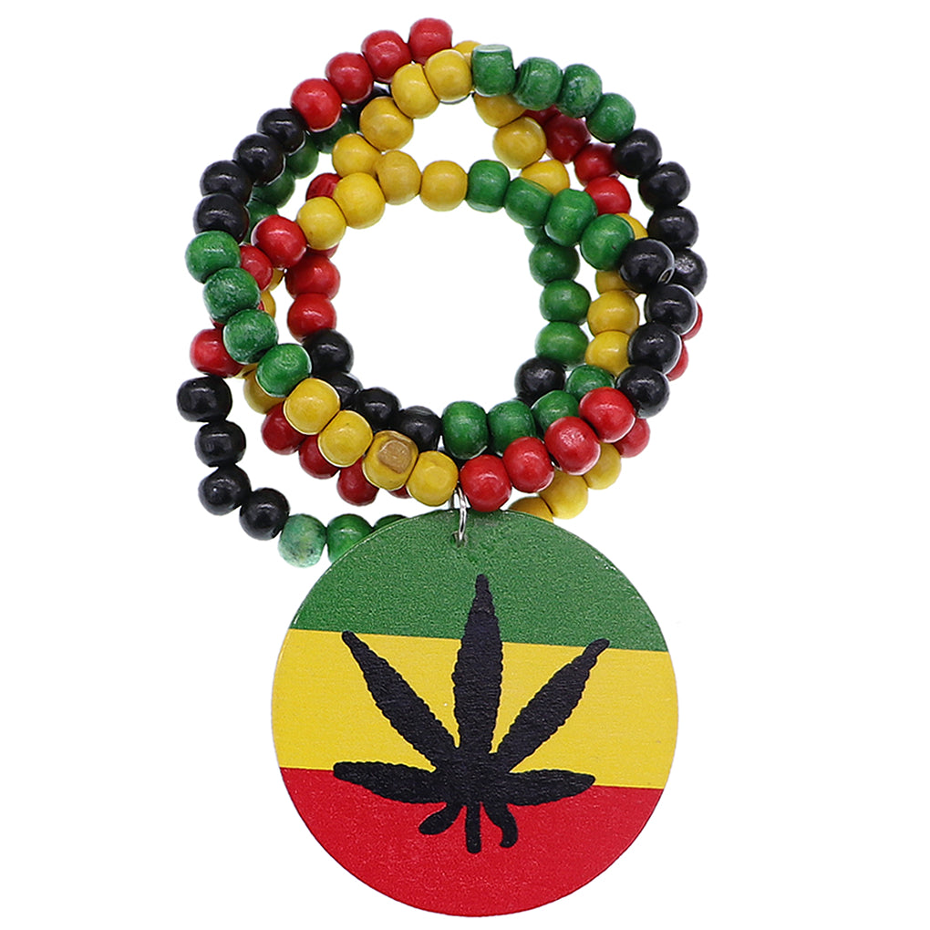 Rasta Marijuana Leaf Wooden Bead Necklace