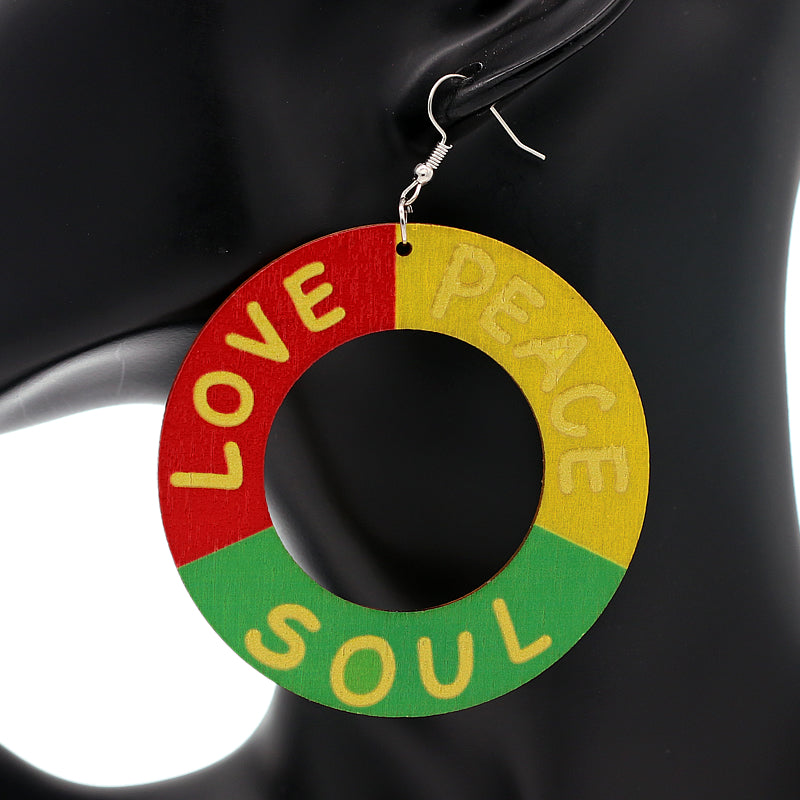 Yellow Multicolor Rasta Love Peace Soul Wood Earrings