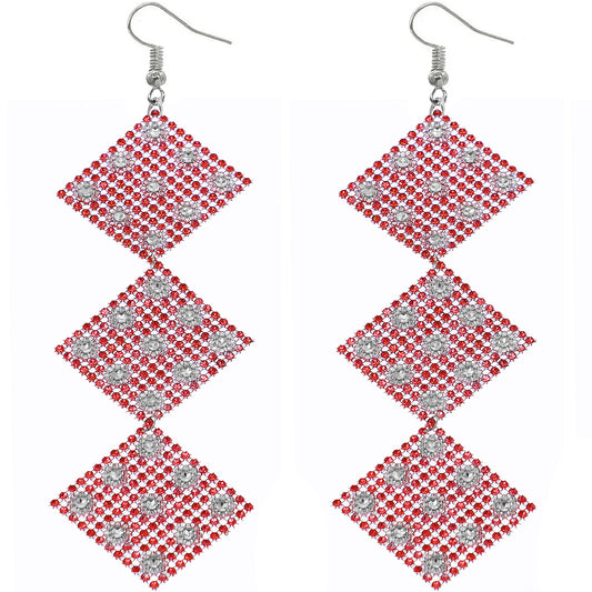 Red Rhinestone Long Mesh Flat Earrings