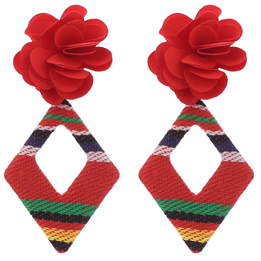 Red Flower Woven Rhombus Shaped Earrings