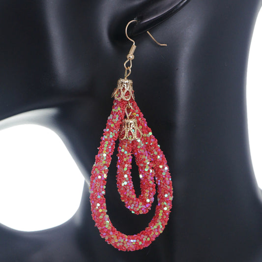 Red Sequin Confetti Double Teardrop Hoop Earrings