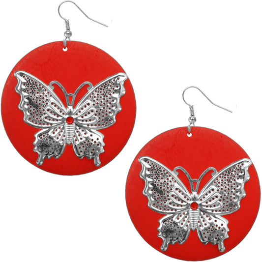 Red Silver Wooden Butterfly Dangle Earrings