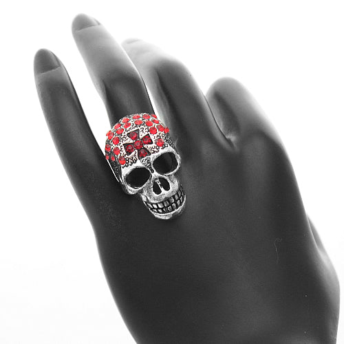 Red Rhinestone Skull Cross Adjustable Ring