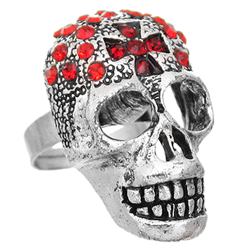 Red Rhinestone Skull Cross Adjustable Ring