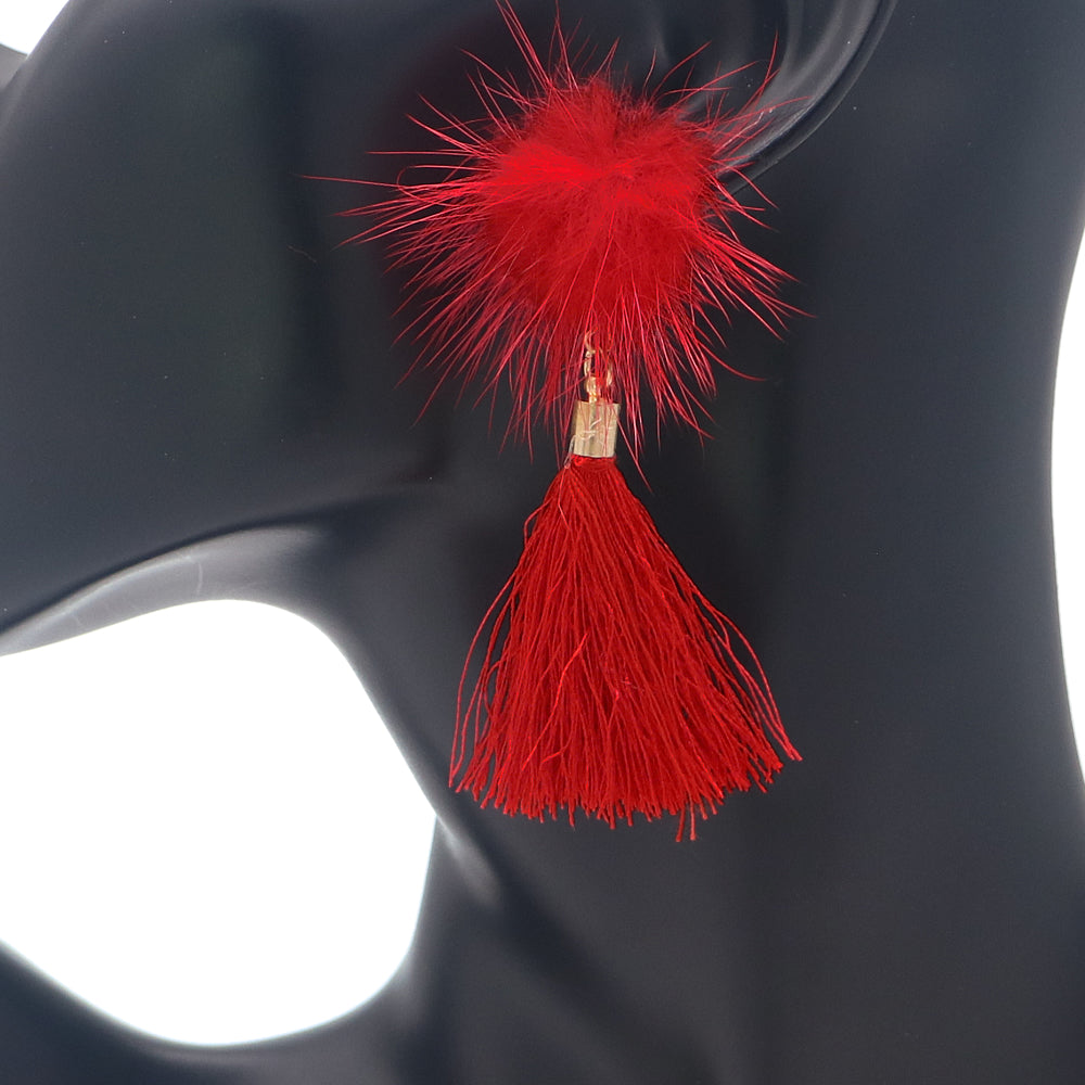 Red Fluffy Pom Pom Tassel Earrings