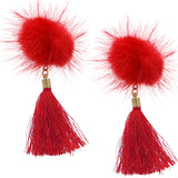 Red Fluffy Pom Pom Tassel Earrings