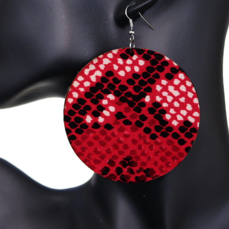 Red Spotted Wooden Round Earrings